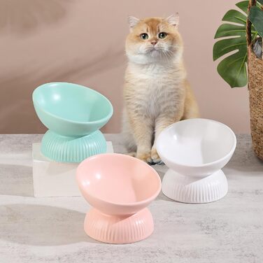 Підвищена годівниця для котів з кераміки - нахилена миска проти блювоти для котів - 280 мл, діаметр 15,5 см, біла