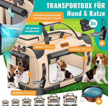 LOVPET® Транспортна переноска для собак та котів, 60x42x44 см | Складана переноска для тварин з мискою та плечовим ремінцем | для котів та собак, Бежевий M