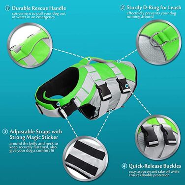 Жилет для плавання собак PJDDP, рятувальний жилет для собак, зелений, L