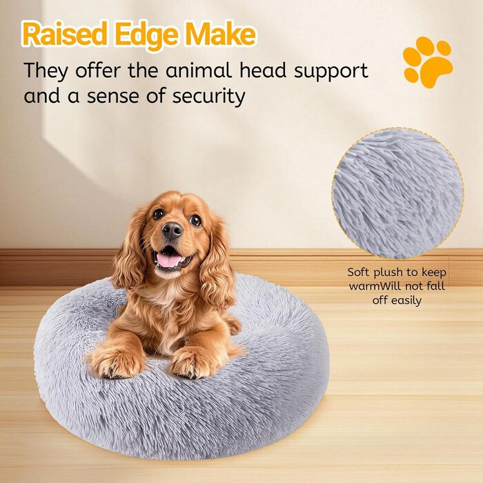 М'яке ліжко для собак середнього та маленького розміру, котяче ліжко, круглий килимок для собак, знімний та пральний килимок для собак, діаметр 50 см, довгий плюш, неслизьке ліжко для собак, диван для собак з високим бортиком, сірий колір