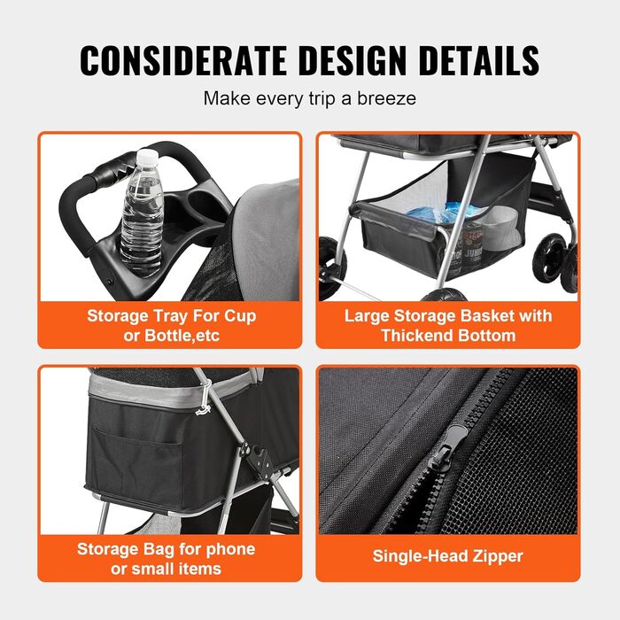 Візок для собак VEVOR, 79x46x102 см, до 16 кг, складаний, алюмінієвий каркас, Oxford 600D, сітчасті вікна, EVA колеса