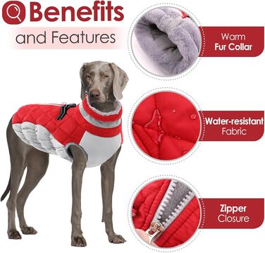 Зимовий теплий одяг для собак AOFITEE: куртка з флісу, світловідбиваючий дизайн, з нашийником та блискавкою. Водонепроникний костюм для собак маленьких, середніх та великих порід. Колір: червоний, святковий.