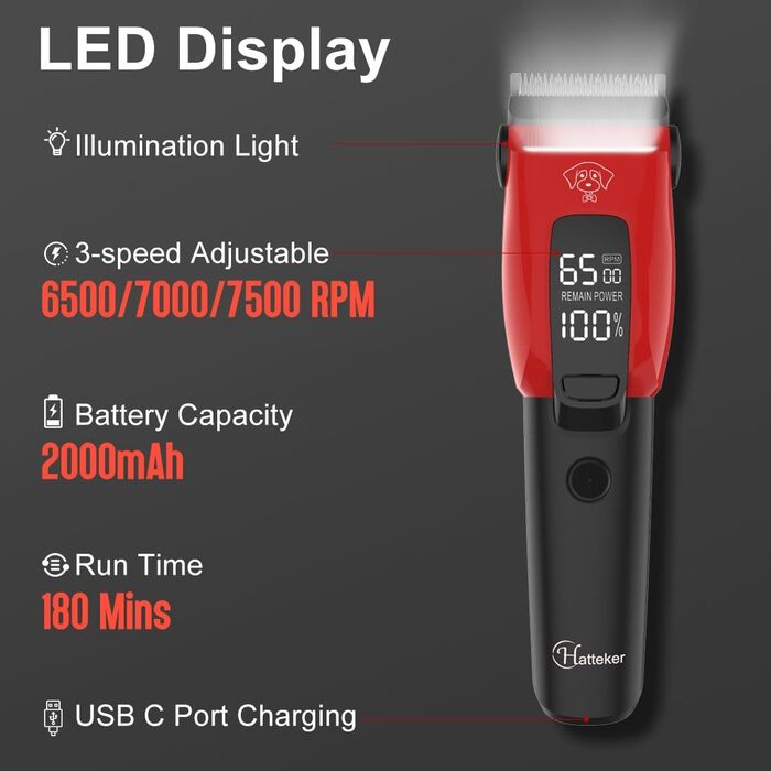 Професійна машинка для стрижки собак Hatteker: електрична, бездротова, з підсвічуванням, 7500 RPM