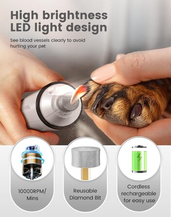 PAPMINI 2-в-1 триммер для когтів та стрижка когтів для собак, безшумний, акумуляторний, для великих, середніх та маленьких собак, білий