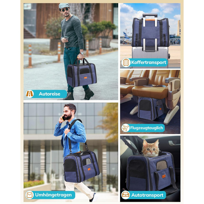 Транспортна переноска для котів та цуценят Morpilot до 7 кг, переноска для тварин з безпечними застібками, складна миска, підходить для візитів до ветеринара, авто та літака