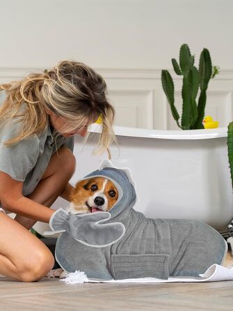 Рушник для собак з мікрофібри, халат для собак, швидковисихаючий, з регульованим коміром на липучці, для великих, середніх та маленьких собак/котів (Сірий, M)