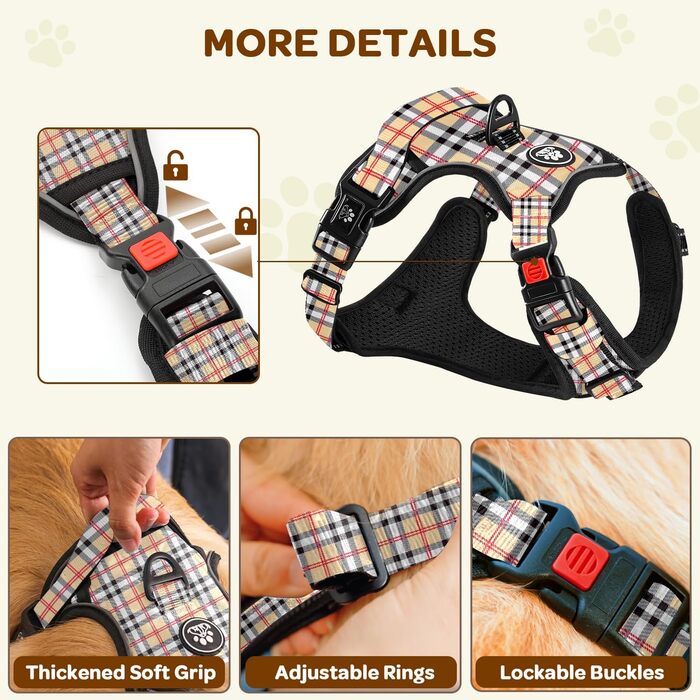 Шлейка для собак середнього розміру FURRYFECTION, антивитягуюча шлейка для собак, зручна та регульована, з тканини Оксфорд (Plaid Beige, S)
