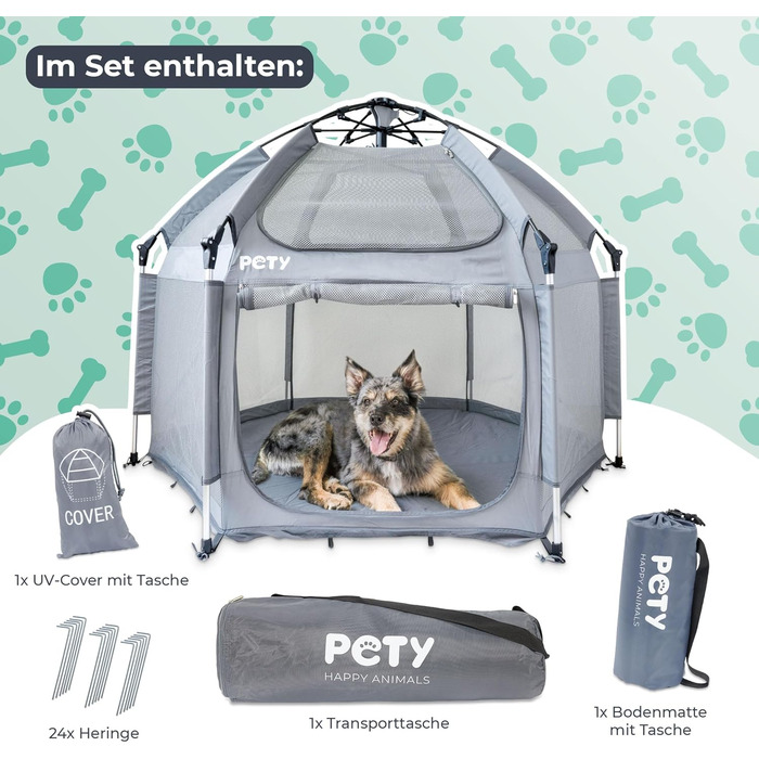 Клітка-переноска для собак Pety - 150 x 100 см, сіра. З переноскою, UV-захистом та килимком. Для відпочинку на природі та вдома. Аксесуари для собак, кемпінг