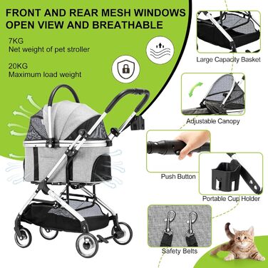 3-в-1 Візок для собак з знімним сидінням, переноска, сумка-трансформер, складаний, до 20 кг (сірий)