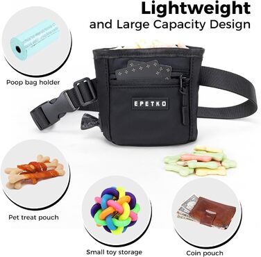 Сумка для ласощів для собак з металевим кліпом на ремінь, міцна застібка-магніт, велика місткість, диспенсер для пакетів для вигулу (чорний)