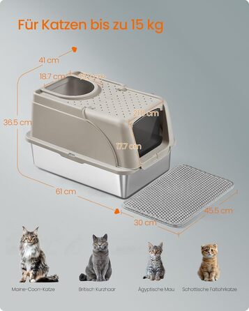 Туалет для котів Feandrea з нержавіючої сталі, XL, з кришкою, лотком, щіткою та двома входами, для котів до 15 кг, капучино-бежевий PPT005K01