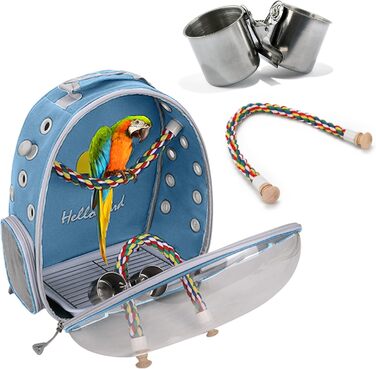 PETCUTE Рюкзак для птахів з дерев'яною жердкою, блакитний. Транспортна сумка для перевезення папуг з нержавіючою підставкою та жердкою.