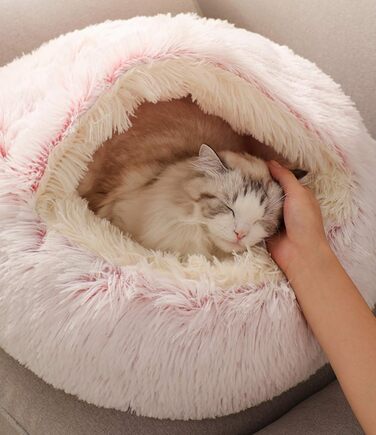 М'який лежак-мішок для котів з плюшу, самонагрівальний, неслизький, пральний, кавового кольору (рожевий плюш)
