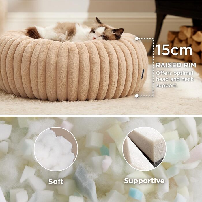 Ортопедичне ліжко для котів BEDSURE - м'яке доріжне гніздо 51x51x15 см, кругле котяче ліжко з знімним чохлом з корду-флісу, неслизьке дно, (51 x 51 x 15 см (Д x Ш x В), верблюжий)