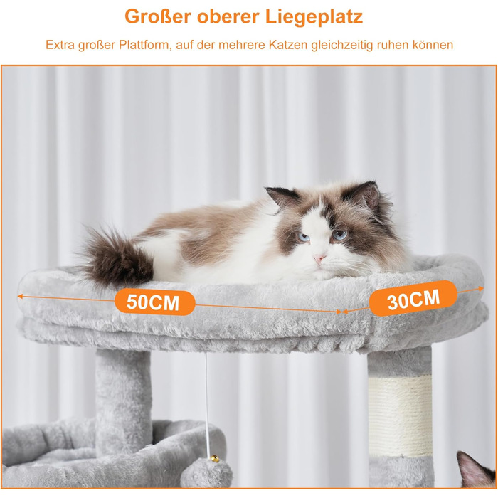 Кігтеточка-будинок для котів Heybly HCT034G, 180 см, сірий, з 2 платформами, 2 будиночками, гамаком, корзиною та когтеточкою