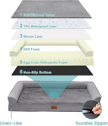 Ортопедичне ліжко для собак, диван для середніх та великих собак, неслизьке, миється, U-подібної форми, сірого кольору, 112,8 x 81,3 x 18,8 см