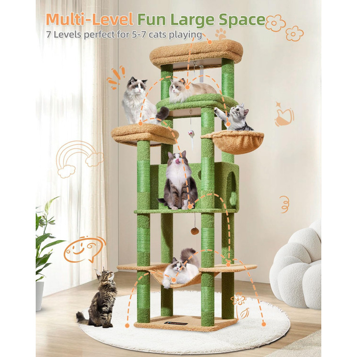 Когтеточка для котів Taoqimiao 180 см XXL, великий котячий комплекс для Maine Coon з будиночком, гамаком, великою платформою, 9 стійок для дряпання, кошиком, зелений