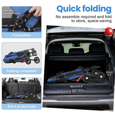 Складаний візок для собак з 4 колесами та дихаючою сіткою - Легкий транспортний візок для маленьких собак та котів до 10 кг, з регульованим сонцезахистом, тримачем для напоїв та страхувальним ременем (Блакитний)