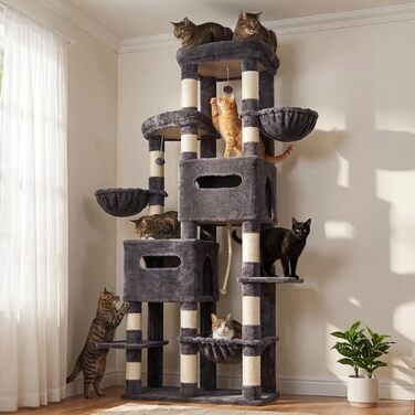 Heybly Katzenbaum 190 см, XXL Дряпка для великих котів, Стабільна висока когтеточка з великою платформою, 2 печери, гамак та міцні стовпи з сизалю, Сірий HCT062G