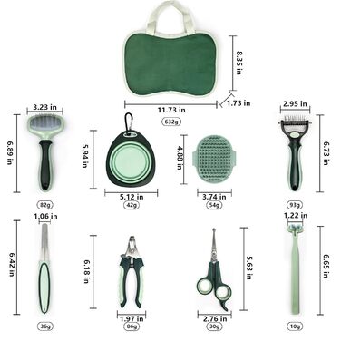 Набір для догляду за шерстю тварин, 8 предметів: щітка від випадіння шерсті, для матового хутра, самоочисна, гребінець від бліх, мікрощітка для внутрішніх ділянок, щітка для чищення зубів котів, складані годівниці для собак