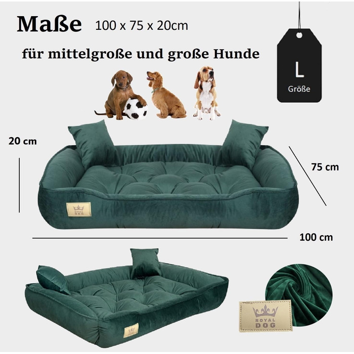 Крісло-ліжко для собак великих порід KING DOG, 100 x 75 см, зелене, з велюру, ортопедичне, легко миється, силіконова наповнювач