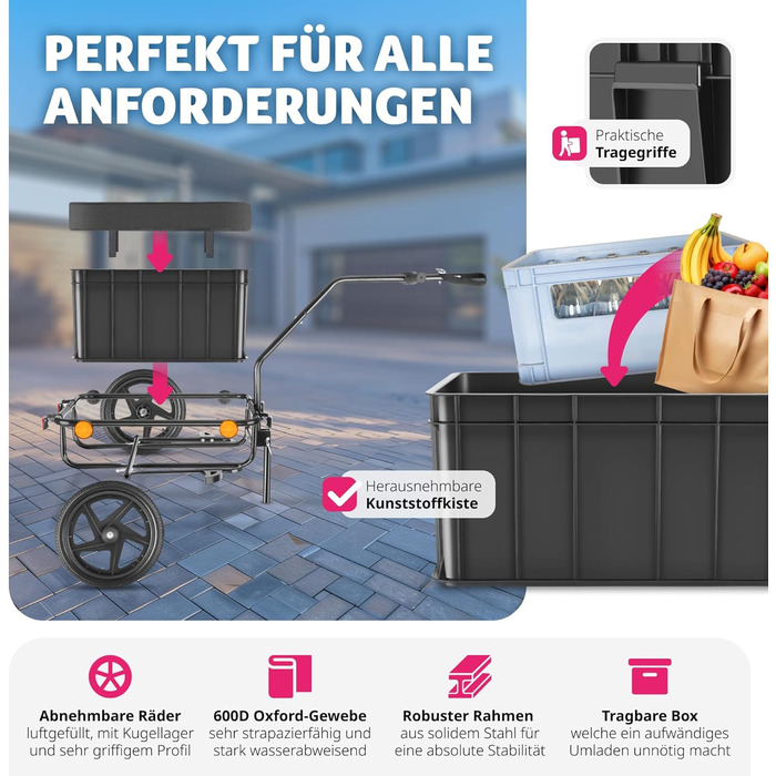 Тектейк® 2-в-1: Причіп для велосипеда, вантажний причіп та візок, аксесуари для велосипеда, гірського велосипеда та електровелосипеда, транспортний візок з кріпленням для велосипеда, з покриттям та повітряними колесами