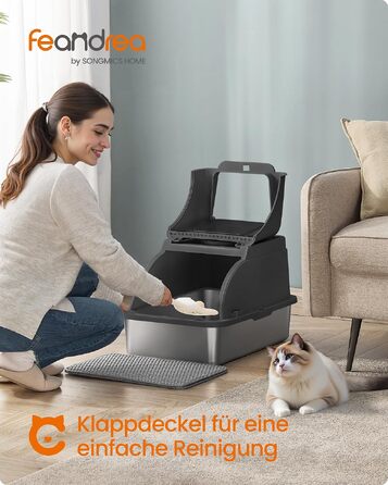 Сталевий лоток для котів Feandrea XL з кришкою, для великих котів до 15 кг, колір чорний
