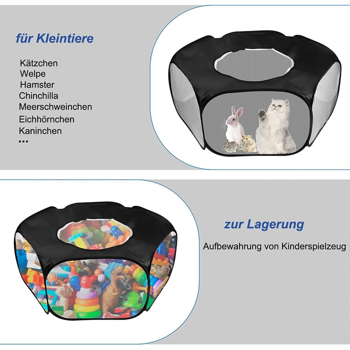 Клітка-ігровий майданчик для дрібних тварин, розкладний вольєр для кроликів, хом'яків, шиншил, кошенят та цуценят (чорний)