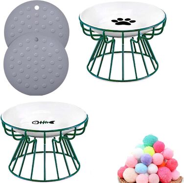 Набір мисок для котів з піднятою платформою, запобігає болю в шиї, широкі миски, анти-блювотні, з неслизьким килимком (зелені)