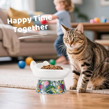 Котло propositions для котів TIGOADT: керамічна миска з підставкою, широка та нахилена, проти блювоти, для кошенят та літніх котів (блакитно-білий візерунок, квітковий візерунок)