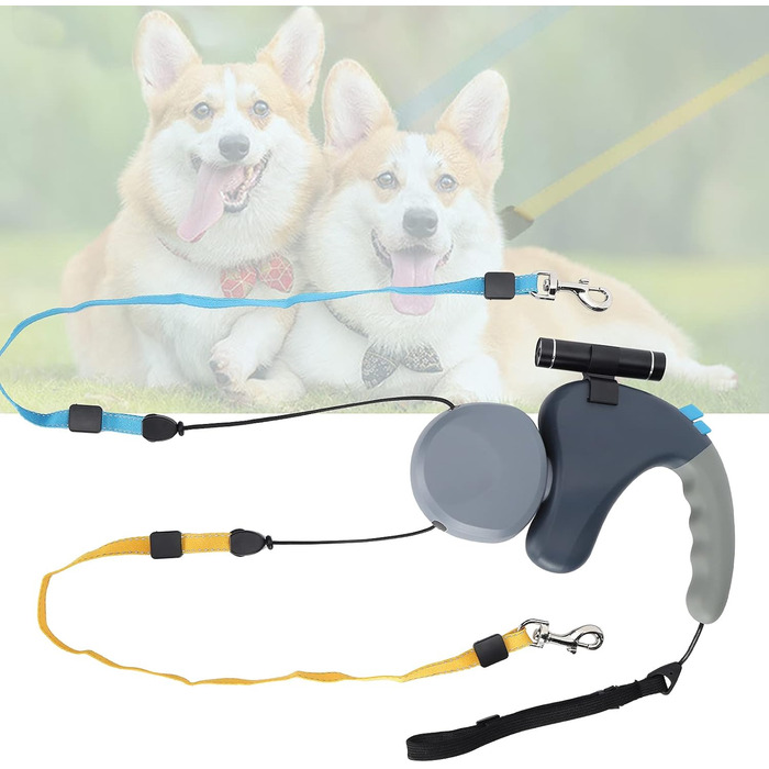 Подвійна собача повідка, висувна повідка з LED-підсвічуванням для двох собак, з фіксатором, регульована, 9,8 футів, 360° без перекручування (сіра)