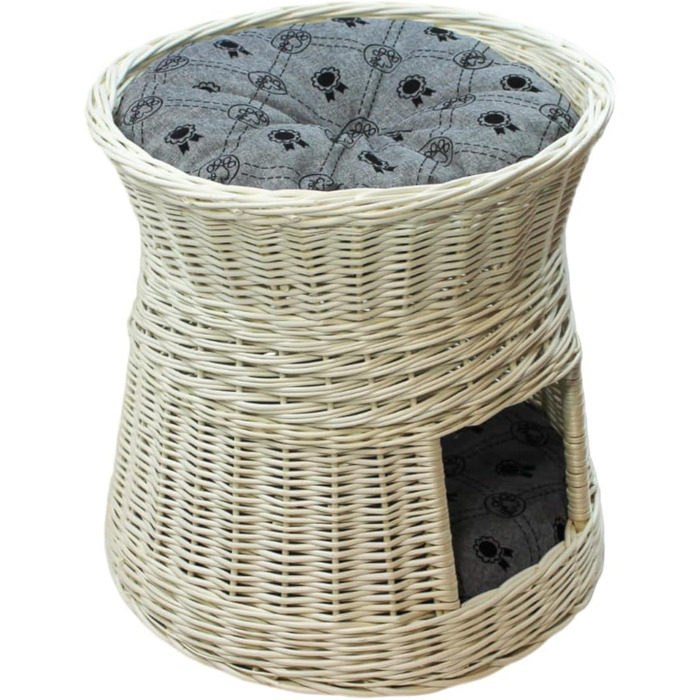 Кігтеточка-ліжко для котів: кругла хатинка з лози, 2 поверхи, білий колір, сірий лежак