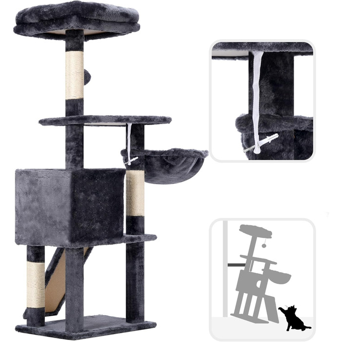Котячий будиночок Hey-brother Kratzbaum 108 см: багатоярусний котячий комплекс з когтеточками, будиночком, гамаком та іграшками, кольори: рудий/чорний, MPJ007SBR (димно-сірий)