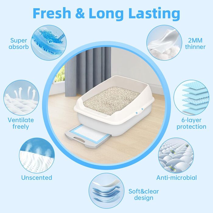 Певзон: 50 пелюшок для котячого туалету, 45x33 см, для котячих туалетів, всмоктуючі пелюшки для котів, 6-шаровий, витримують протікання (блакитні)