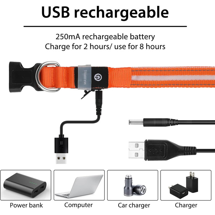 Світлодіодне нашийник для собак Masbri, водонепроникний, з 3 режимами світіння, безпечний, для великих собак (XS, помаранчевий)
