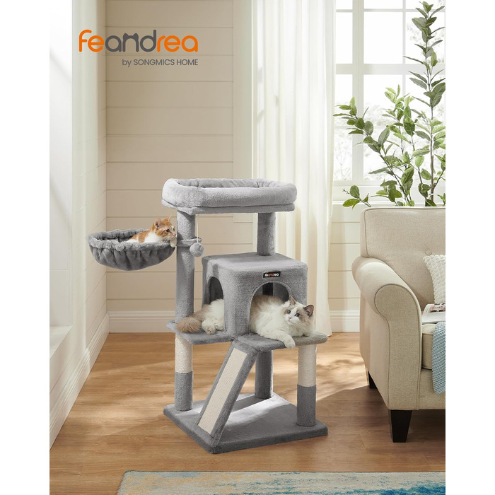Дерево для котів Feandrea 96 см з великою платформою, будиночком, гамаком та сходами, м'який плюш, сірий PCT51W