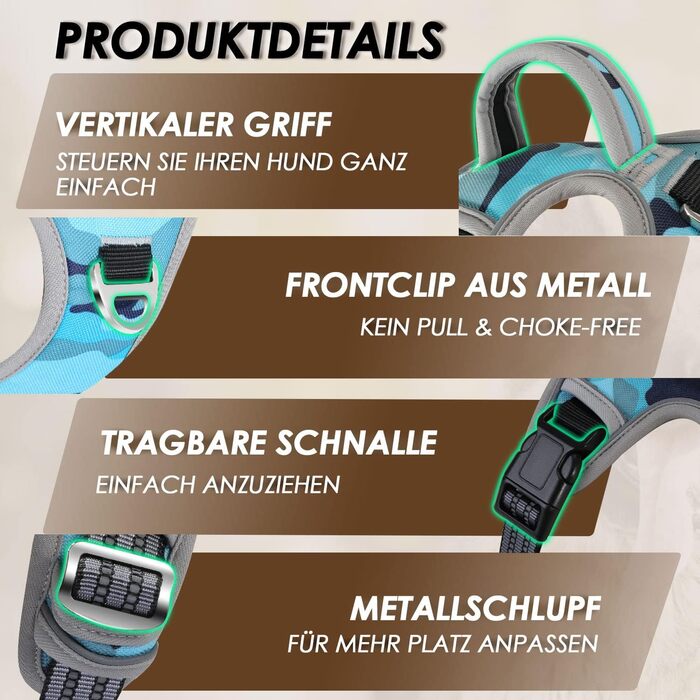 Нашийник для собак великих порід, шлейка з двома карабінами та зручною ручкою, регульована та світловідбиваюча, для щоденних тренувань (L), камуфляжний колір