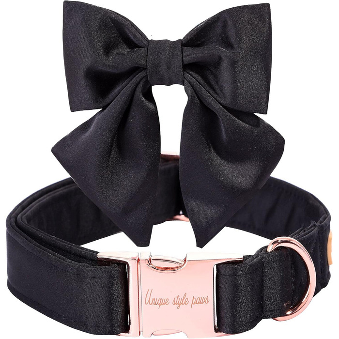 Чорний ошийник для собак з бантиком - регульований, міцний, для середніх собак, з бантиком для вечірки/весілля, чорний, Unique Style Paws