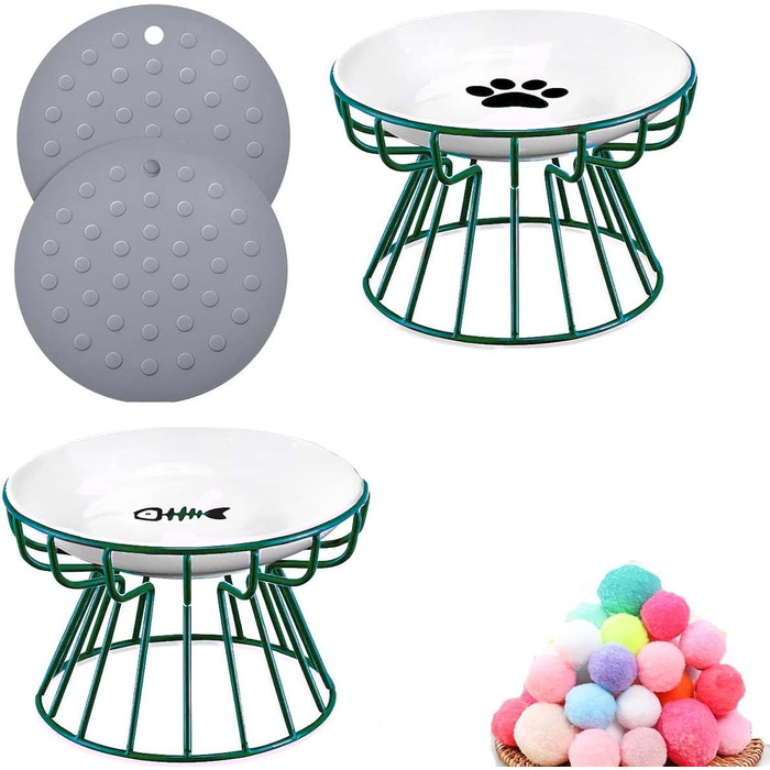 Набір мисок для котів з піднятою платформою, запобігає болю в шиї, широкі миски, анти-блювотні, з неслизьким килимком (зелені)