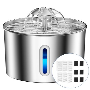 Фонтан-поїлка для котів із нержавіючої сталі, 2.2л, безшумний з LED-підсвіткою та системою фільтрації (3 вугільні фільтри, 6 губок)