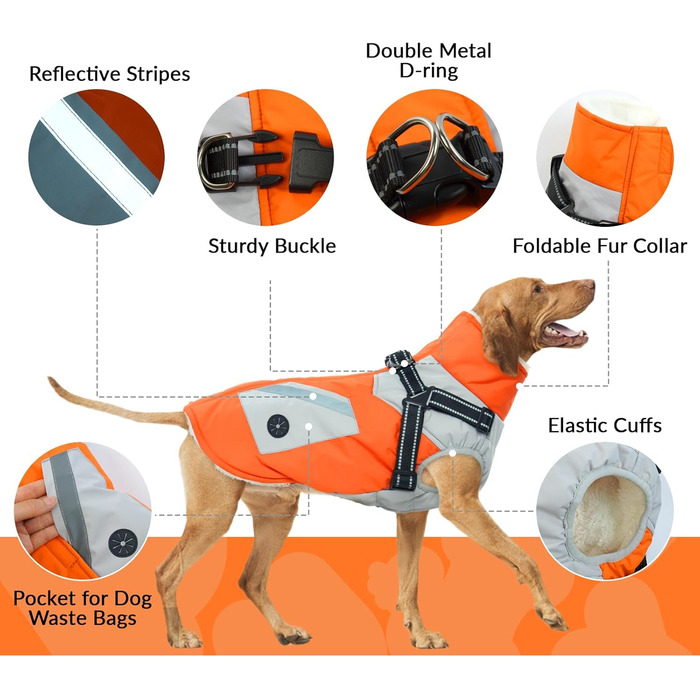Теплий зимовий куртка для великих собак, флісова підкладка, водонепроникний та вітронепроникний, з блискавкою (Оранжевий, XL)