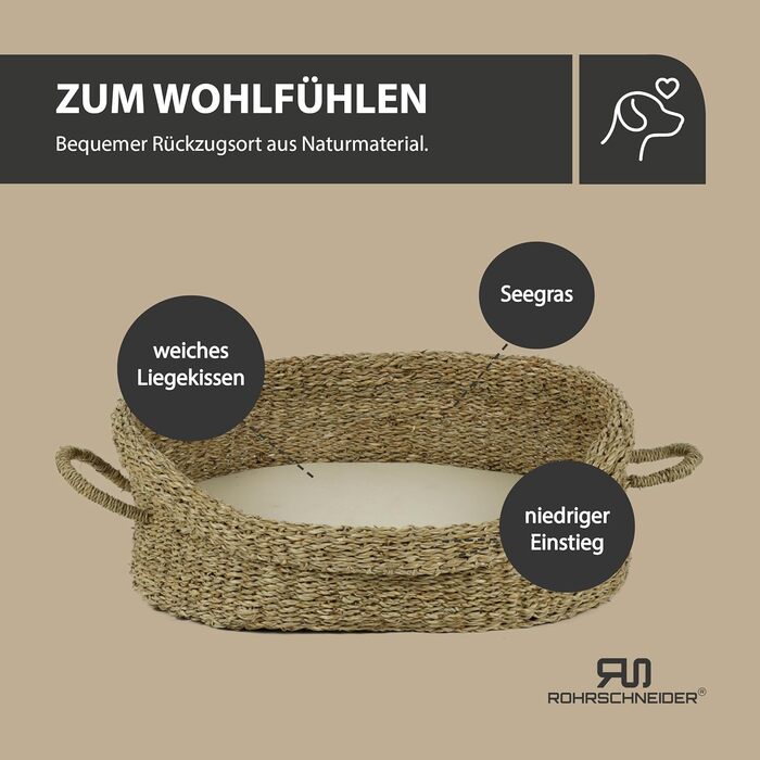 Корзина для собак Rohrschneider з ручками для маленьких та середніх собак | Ручна плетіння з морської трави, посилений високий борт | Знімний, пральний чохол | Розмір 1 (51 x 43 см)