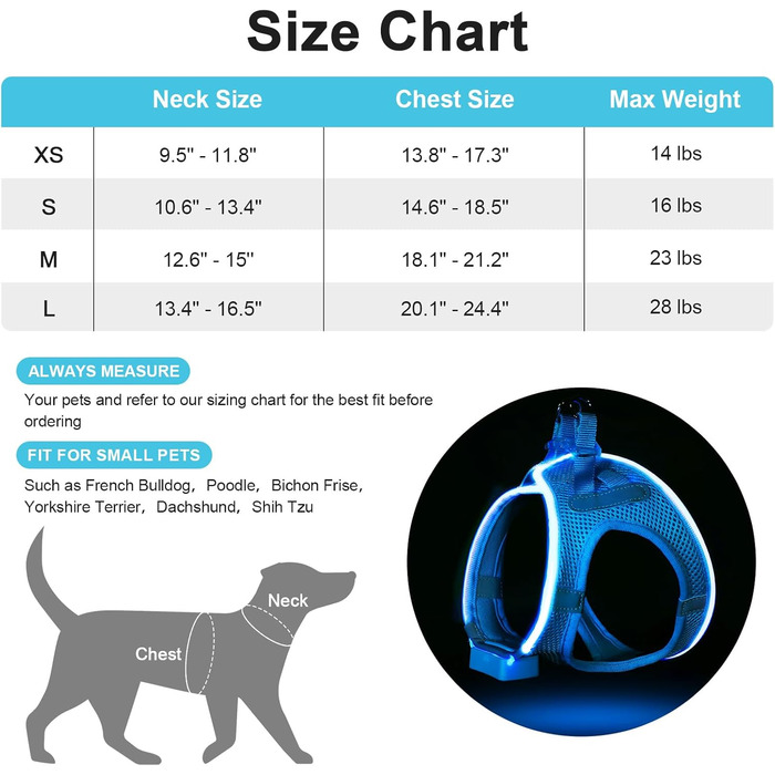 Світлодіодне шлейка для собак Feycig з LED підсвічуванням, перезаряджувана, для цуценят та собак середніх розмірів, дихаюча, синього кольору (Large)