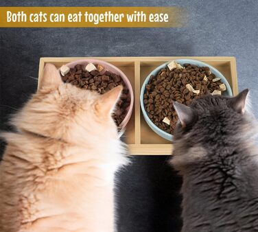 Миска для котів плоска керамічна з дерев'яною підставкою, піднята станція для годування з 2 керамічними мисками, миска для котів, діаметр миски 16 см для їжі та води, рожева & блакитна, блакитно-рожева