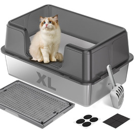 Відкрита котяча туалетна коробка з нержавіючої сталі 60x40x30 см з килимком і лопаткою, не вбирає запахи, для котів