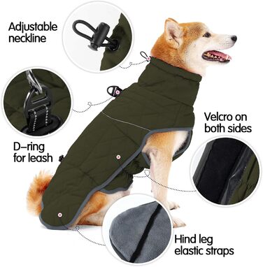 Зимовий водонепроникний теплий одяг для собак Heywean: куртка з кільцем D, флісова підкладка, одяг для собак, куртка для собак, жилет для собак, одяг для маленьких, середніх та великих собак, зелений