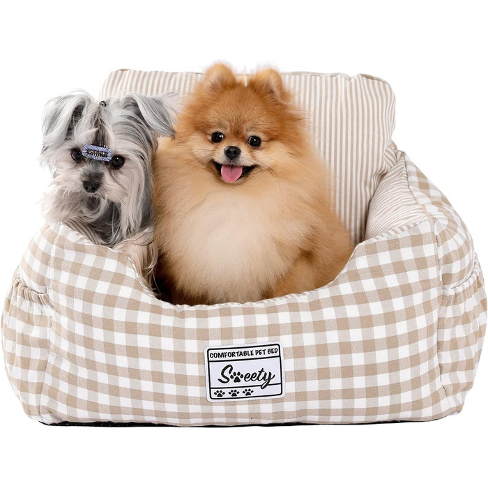 Автокрісло для собак Petpela з безпечним ременем, м'яке, вологостійке, неслизьке. Підходить для собак маленьких та середніх порід. Сірий (Бежево-сірий в клітинку)