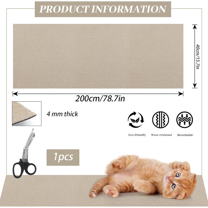 Килимок для дряпання котів, 200x40 см, бежевий. Килимок для стіни, килимок для котів, бежевий