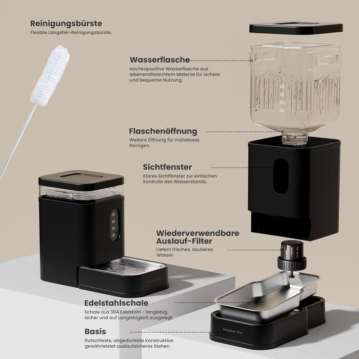 Автоматичний диспенсер води для собак та котів Gardner Pet 6.5L, годівниця, не потребує електрики, з нержавіючою чашею, велика ємність, BPA-free, безшумна, чорний