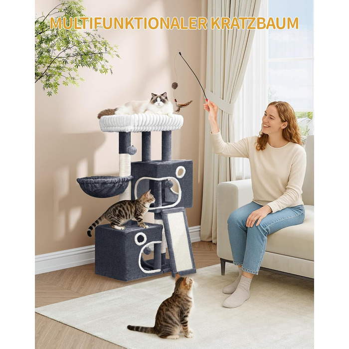 Дерево для котів Hzuaneri, 98 см: стійка конструкція, велика платформа, іграшкові м'ячики, печери, стовпчики для дряпання, дощечка для дряпання, темно-сірий MS10118SG